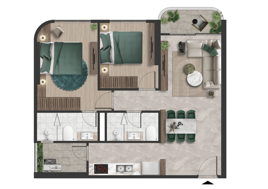 Căn hộ The Emerald 68 2PN + 2WC (67 m2) giá bán chỉ từ 2.9 tỷ đồng.